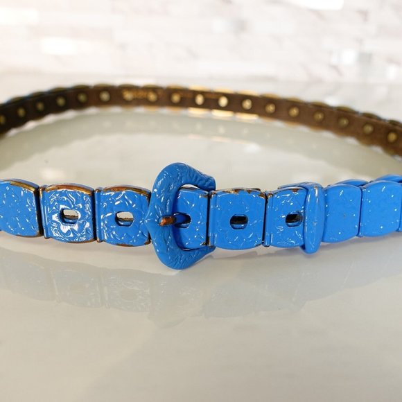 VINTAGE Western Studded Metal Belt 28 SMALL Blue Heavy Medieval Retro ECHT LEDER - Picture 2 of 10